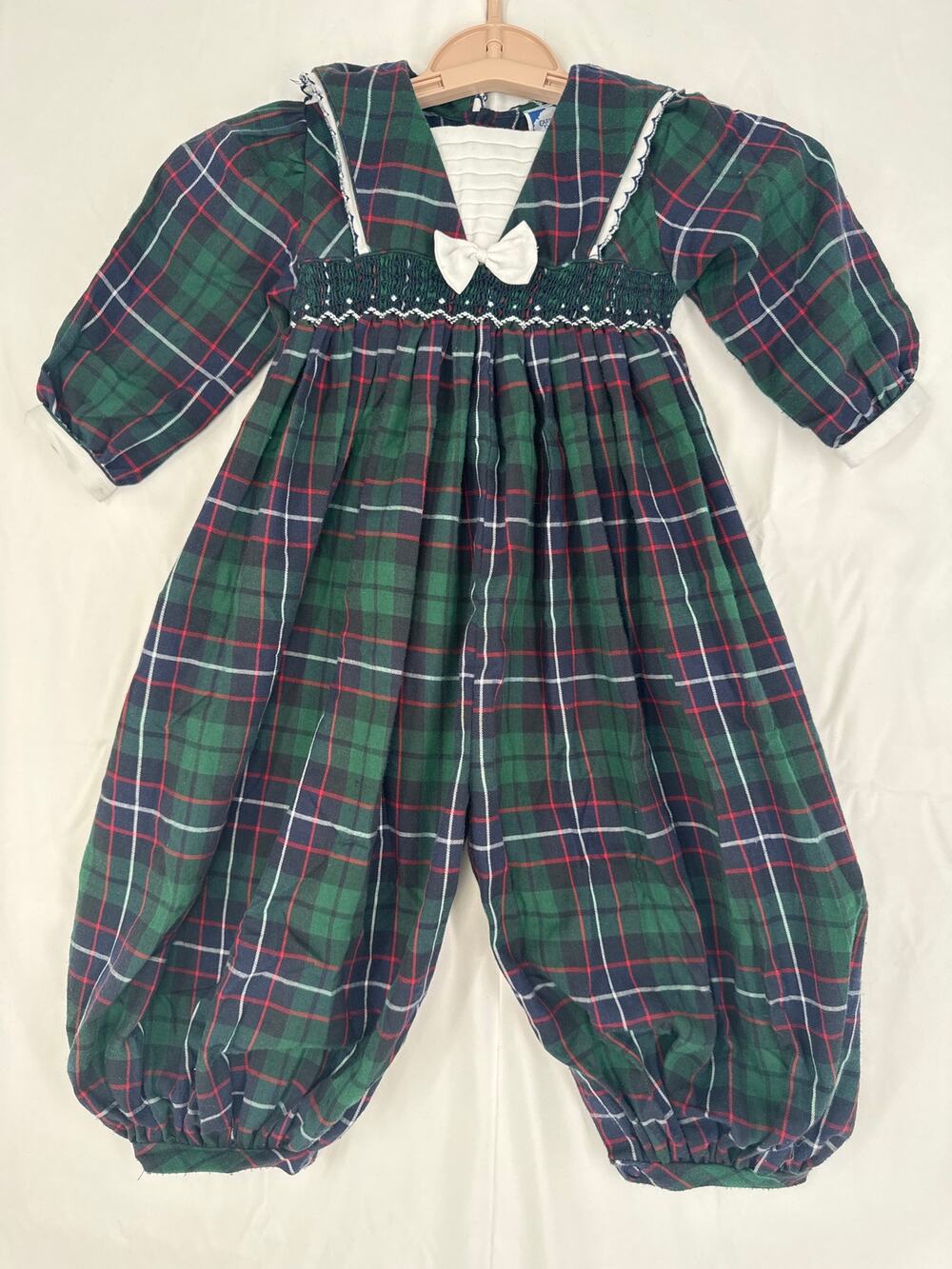Vintage Carriage Boutiques Green Plaid Bubble Romper Pants Collar size 2T